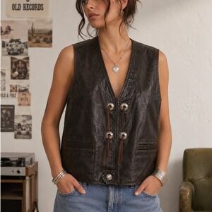 Vintage 70s Sprung Calgary Leather Western Vest Concho Ties Brown Canada Made